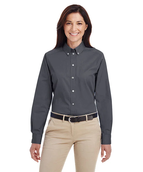 M581W - Harriton Ladies Foundation 100% Cotton Long-Sleeve Twill Shirt with Teflon™ | Dark Charcoal