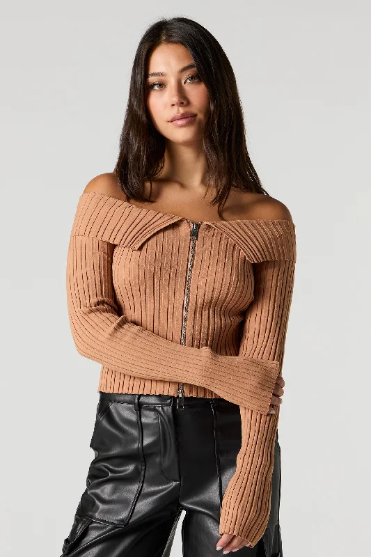 Wide Ribbed Off Shoulder Zip Up Top