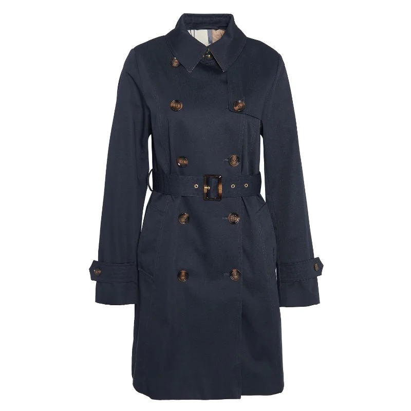 Barbour Short Greta Ladies Showerproof Trench - Dark Navy/Primrose Hessian