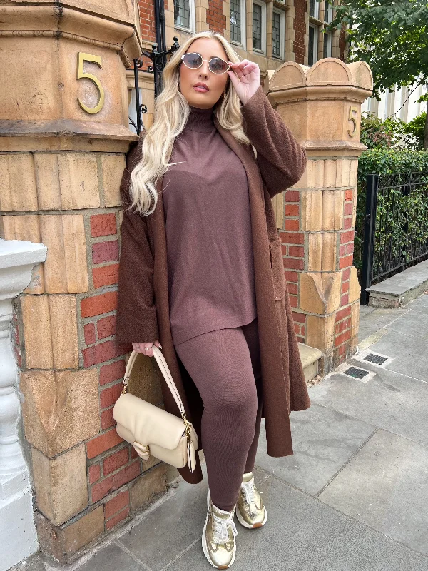 Curve Chocolate Long Wool Effect Cardigan