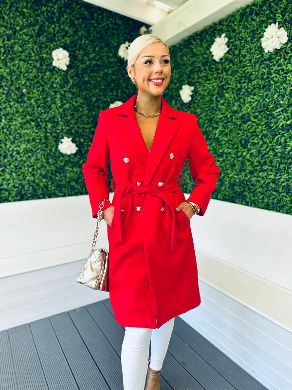 Grace Belted Longline Coat Red