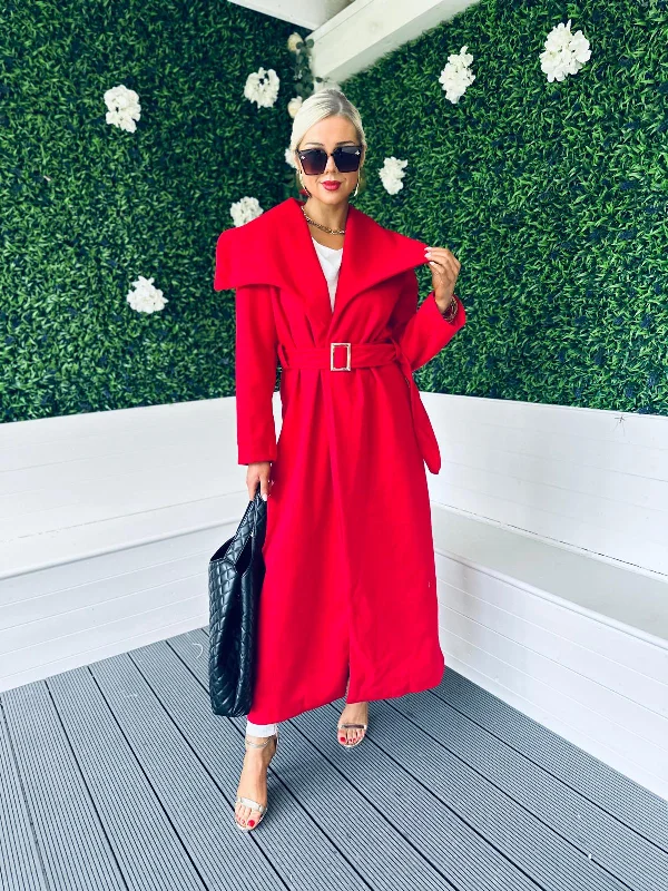 Michelle Belted Longline Coat Red