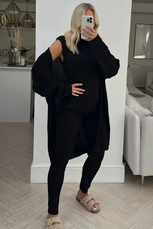 mila black knitted 3 piece cardigan loungewear set