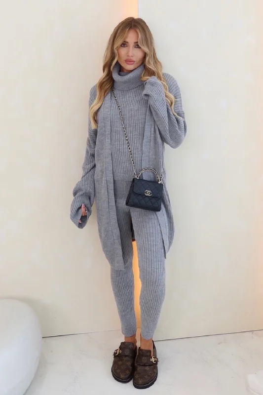 mila grey knitted 3 piece cardigan loungewear set