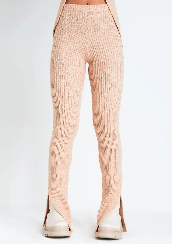 Yuna Beige Ribbed Knitted Side Split Trouser