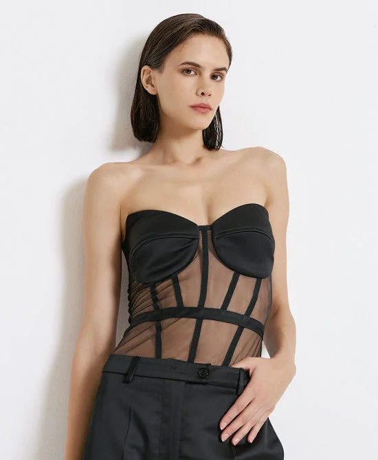 Access Fashion Black Strapless Tulle Bodysuit