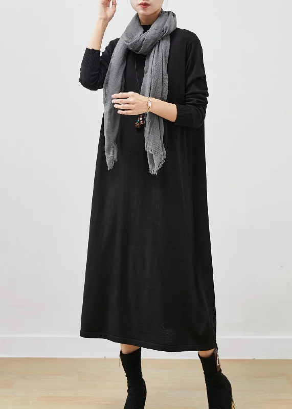 Black Silm Fit Knit Long Dress Stand Collar Spring