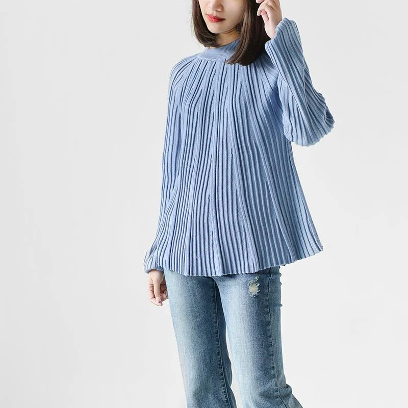 Blue long sleeve pleated knit tops thin sweater blouse shirts