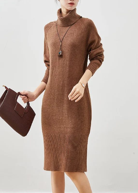 Brown Warm Knitwear Dress Turtle Neck Winter