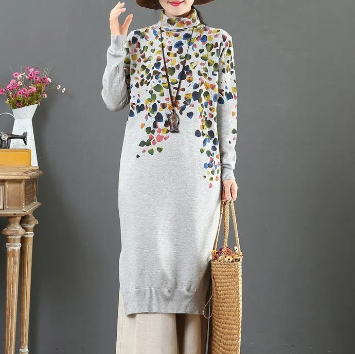 Christmas high neck Sweater winter knit top pattern Beautiful gray prints Big knit dress