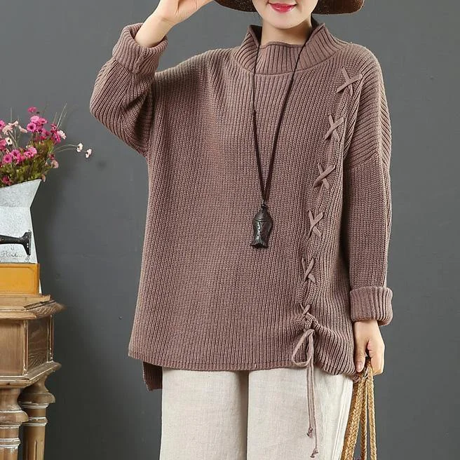 Comfy khaki sweater tops drawstring fall fashion winter knit tops