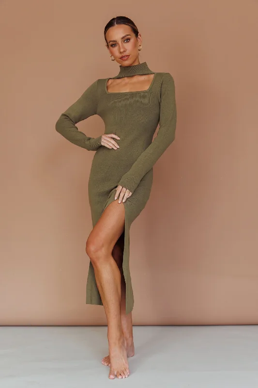 Get Acquainted Cut-Out Bust Midi Dress Olive