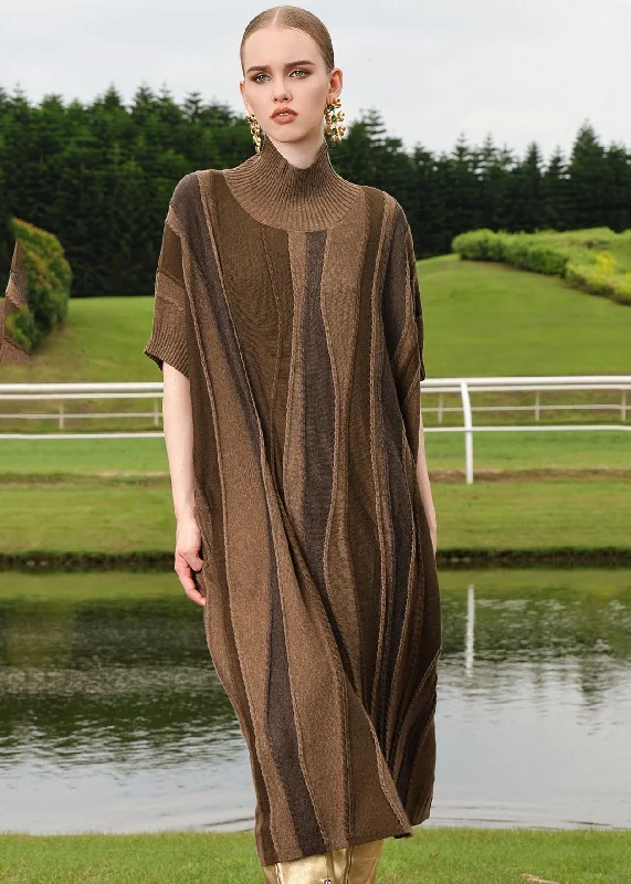 Loose Brown Striped Patchwork Woolen Knit Sweaters Long Dresses Short Sleeve