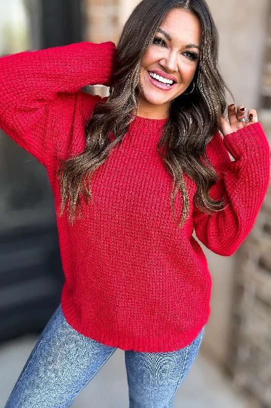 Merry And Bright Ruby Hi-Low Long Sleeve Round Neck Waffle Sweater