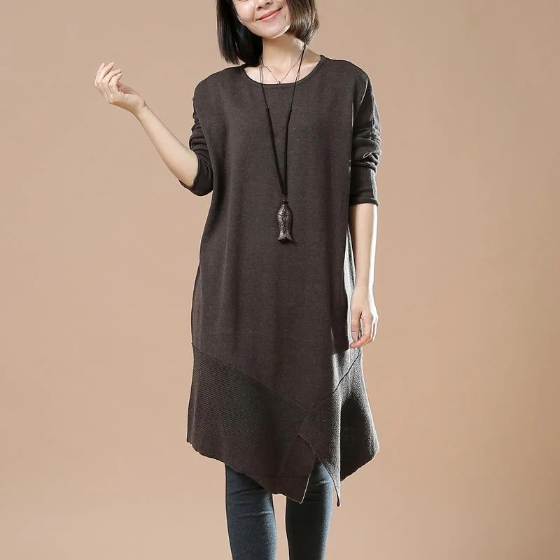 New chocolate long sweaters loose style asymmetrical design