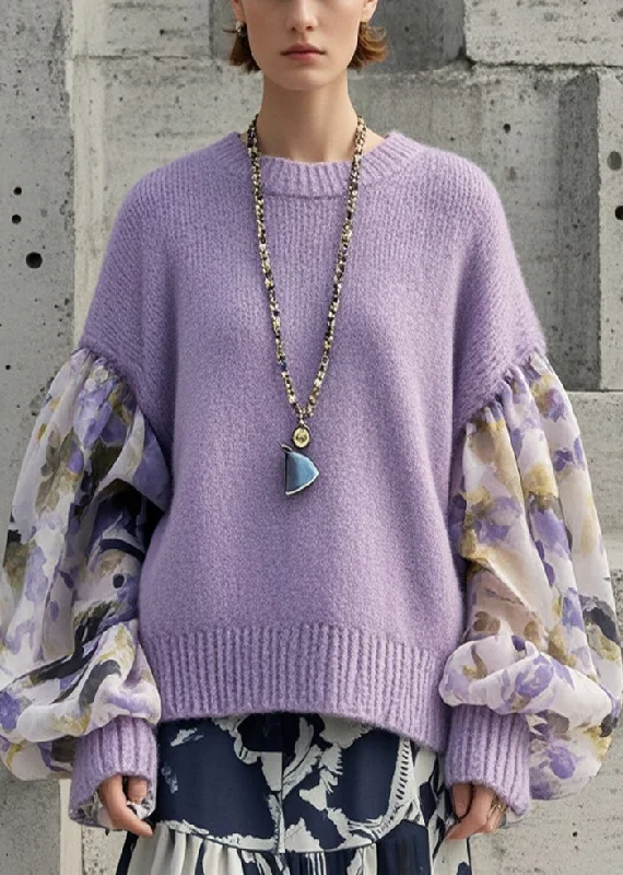 Organic Purple Oversized Patchwork Print Sweaters Lantern Sleeve