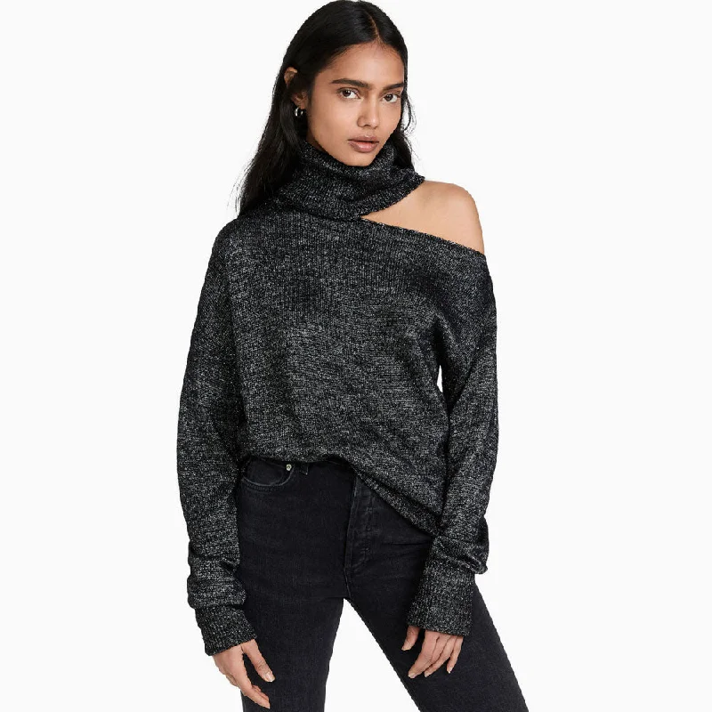 Sexy Turtleneck Asymmetric Cold Shoulder Long Sleeve Knit Top