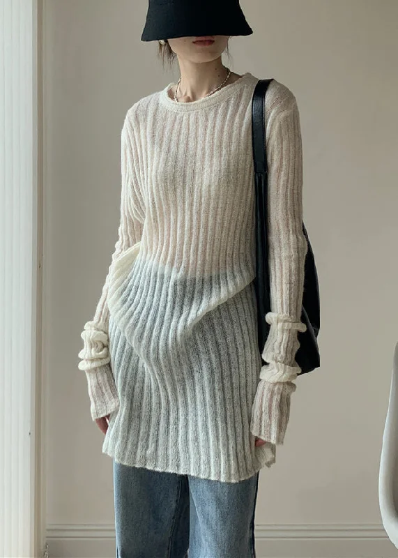 Simple White O-Neck Solid Thin Knit Sweater Dress Fall