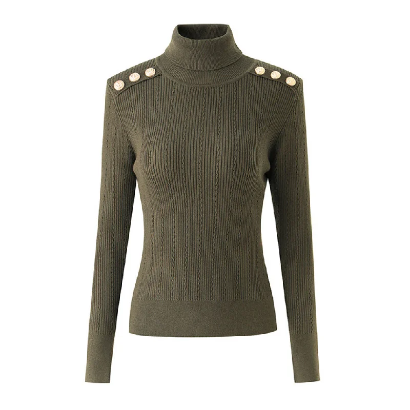 Stylish Button Detail Shoulder Pad Turtleneck Long Sleeve Cable Ribbed Knit Top