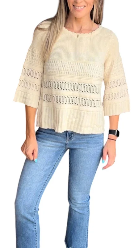 Three Quarter Sleeve Textured Sweater In Cream