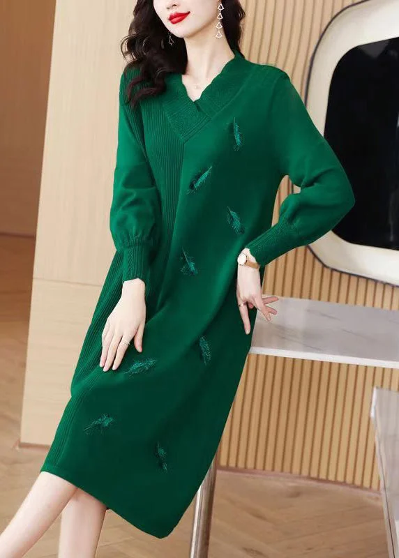 Women Green V Neck Patchwork Woolen Knit Sweater Dress Winter