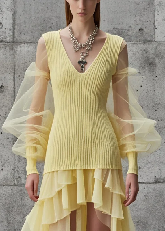 Yellow Patchwork Tulle Sweater Dress Low High Design Fall