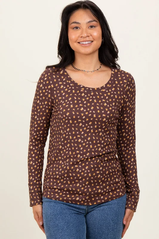 Brown Floral Ribbed Long Sleeve Top