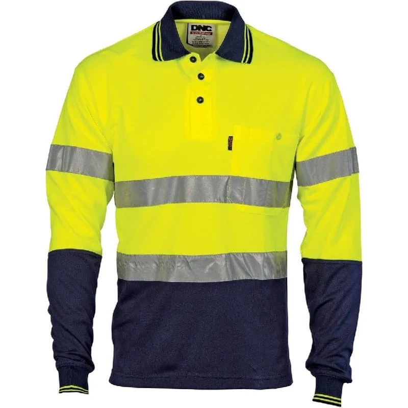 Dnc Workwear Hi-vis Two Tone Cotton Back Long Sleeve Polo With Generic Reflective Tape - 3718